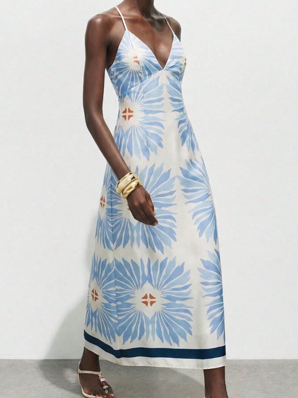Blue Boho Women's Elegant Floral Print Spaghetti Strap Dress